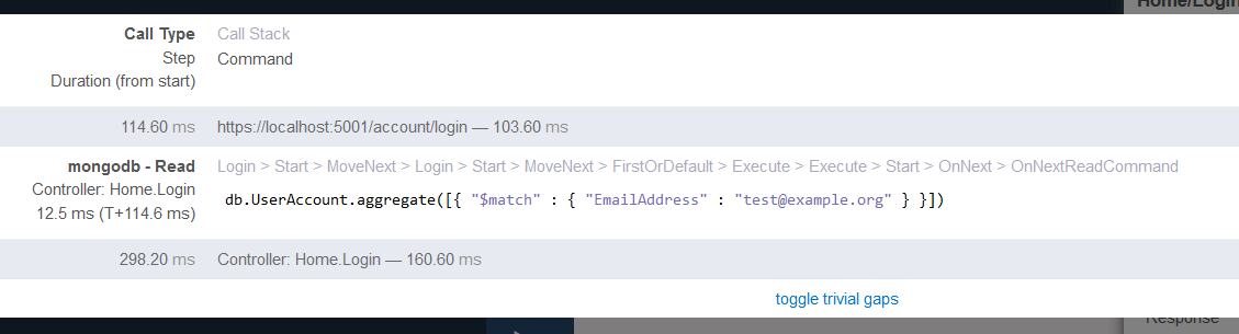 MiniProfiler showing an actual MongoDB query